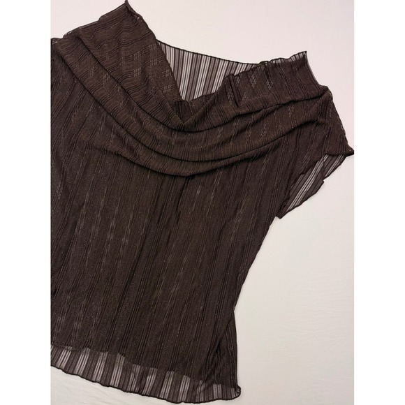 American Vintage Tops - Womens Brown Pleated Cowl Neck Sheer Metallic Shimmer Blouse Top
